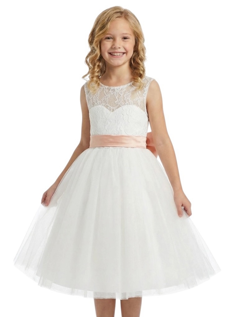 Ivory Lace Tulle Flower Girl Dress Junior Bridesmaid Size 8 White Peach Wedding
